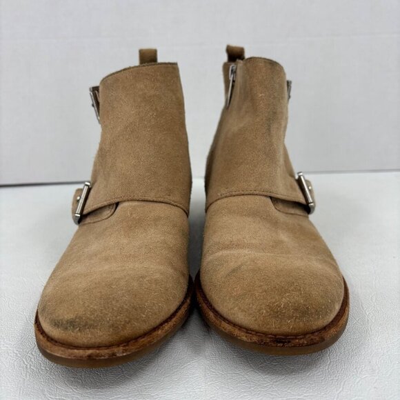 Michael Kors Suede Ankle Boots Size 6.5 Tan Leather Side Zip Block Heel Bootie - Picture 3 of 12